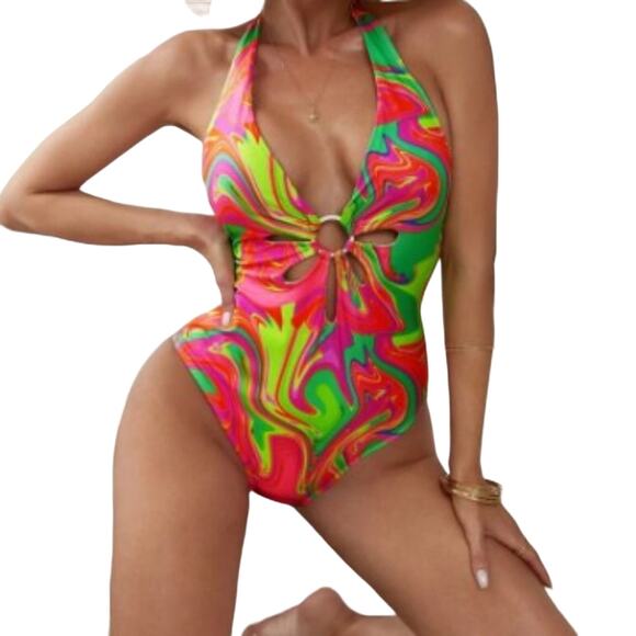 Tropical ONE PIECE Bathing Suit Sz Small Barbiecore GROOVY Hot Colors Halter NEW - Picture 1 of 12